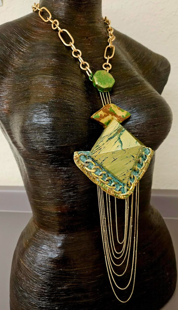 Art Deco Pyramid Chest Piece with Waterfall Chains - Yellow Green & Gold Gatsby Inspired Sculpted Statement Pendant - Wearable Art Jewelry from Kat Kouture