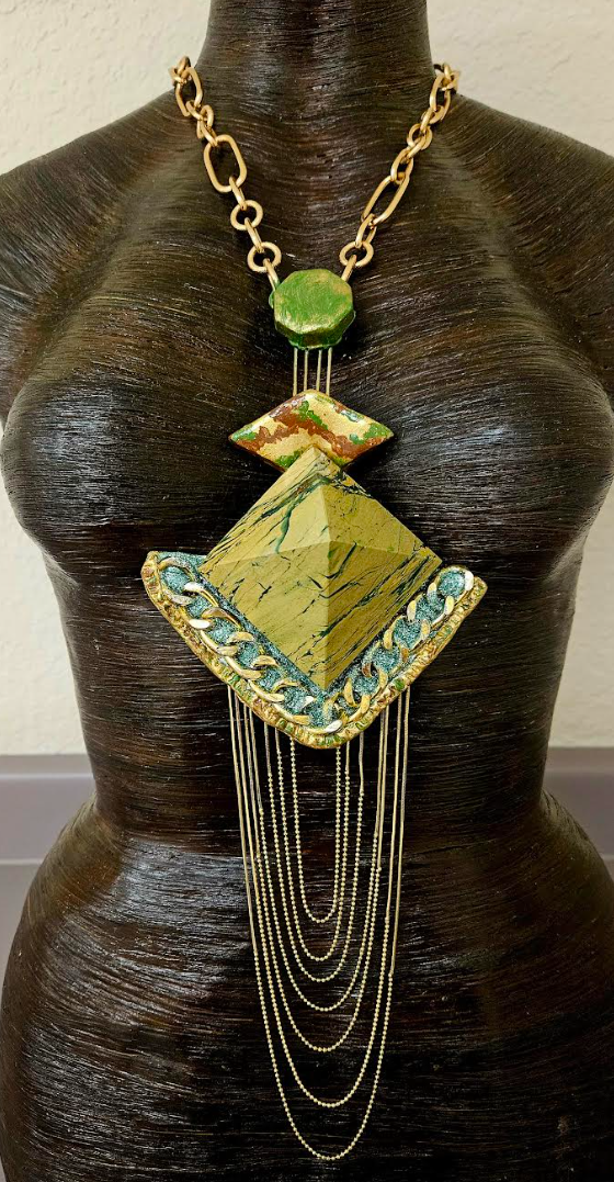 Art Deco Pyramid Chest Piece with Waterfall Chains - Yellow Green & Gold Gatsby Inspired Sculpted Statement Pendant - Wearable Art Jewelry from Kat Kouture