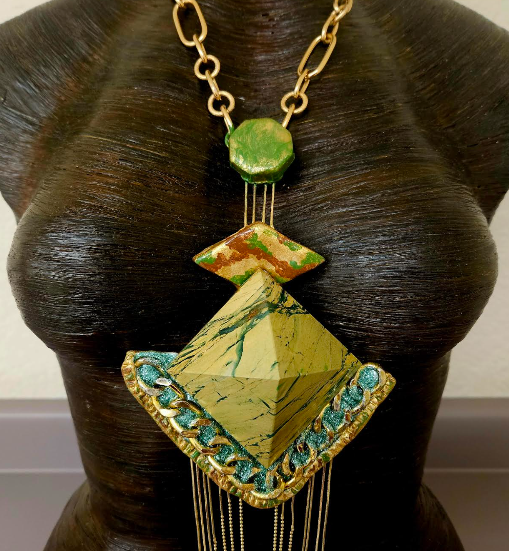 Art Deco Pyramid Chest Piece with Waterfall Chains - Yellow Green & Gold Gatsby Inspired Sculpted Statement Pendant - Wearable Art Jewelry from Kat Kouture