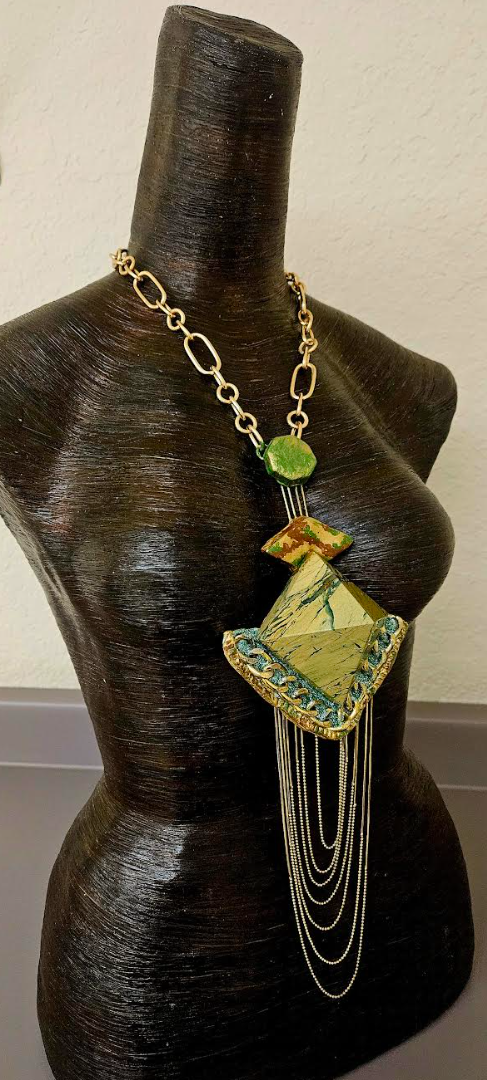 Art Deco Pyramid Chest Piece with Waterfall Chains - Yellow Green & Gold Gatsby Inspired Sculpted Statement Pendant - Wearable Art Jewelry from Kat Kouture