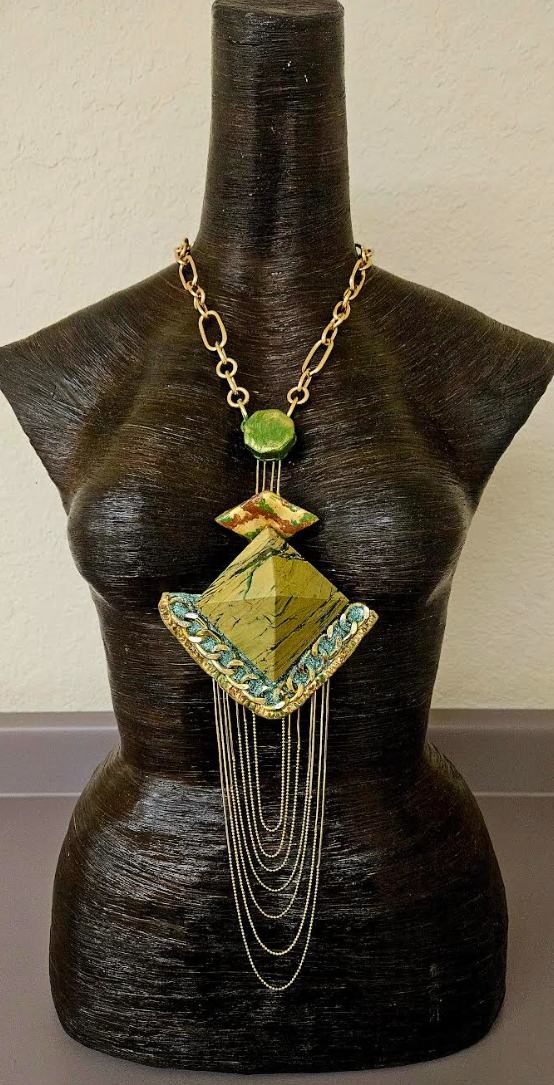 Art Deco Pyramid Chest Piece with Waterfall Chains - Yellow Green & Gold Gatsby Inspired Sculpted Statement Pendant - Wearable Art Jewelry from Kat Kouture