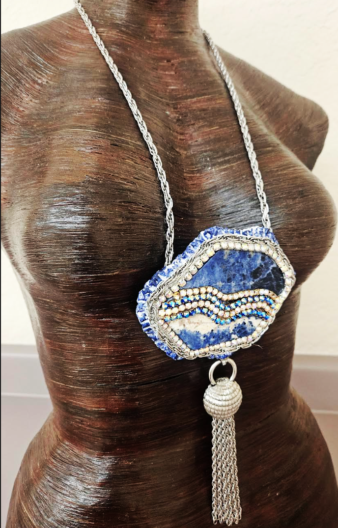 Sculpted Sodalite Pendant with Bold Silver Tone Dangle - Blue White & Silver Avant Garde Gemstone Talisman - OOAK Wearable Art Jewelry from Kat Kouture