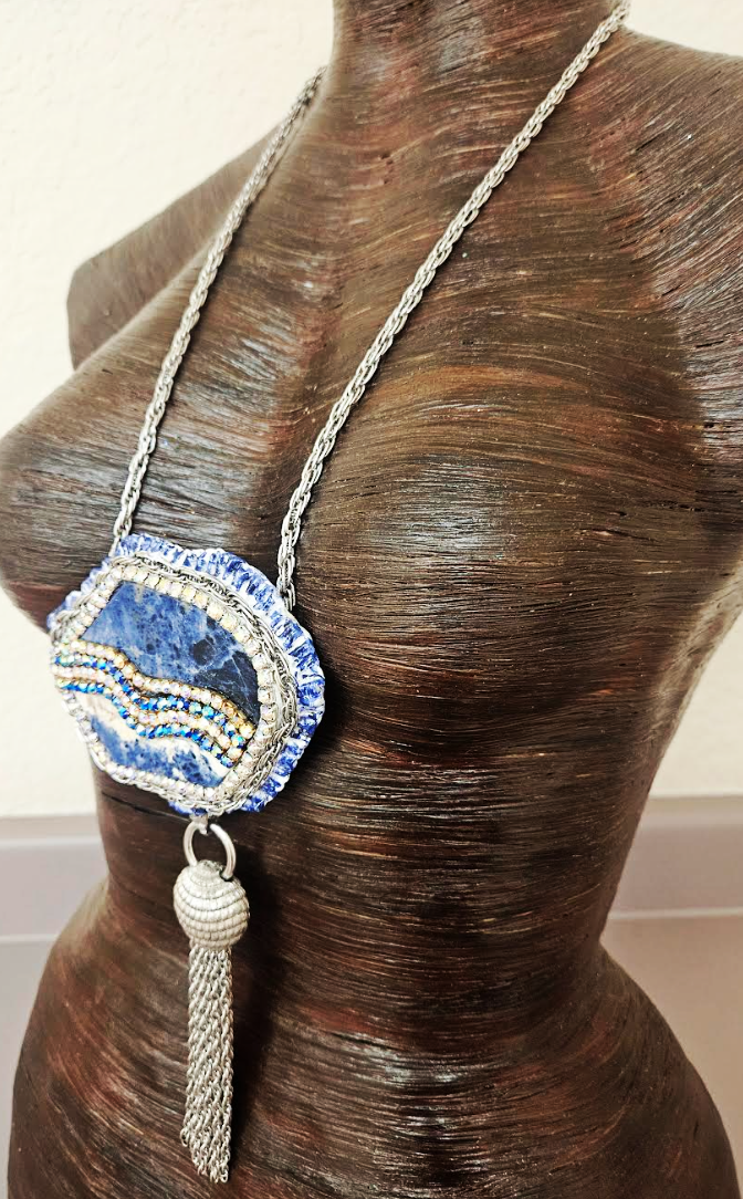 Sculpted Sodalite Pendant with Bold Silver Tone Dangle - Blue White & Silver Avant Garde Gemstone Talisman - OOAK Wearable Art Jewelry from Kat Kouture