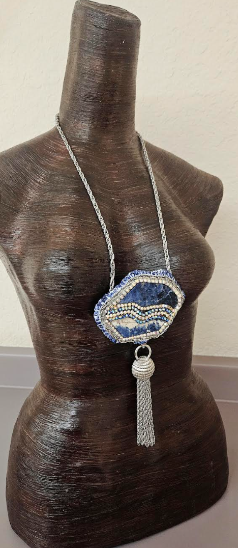 Sculpted Sodalite Pendant with Bold Silver Tone Dangle - Blue White & Silver Avant Garde Gemstone Talisman - OOAK Wearable Art Jewelry from Kat Kouture