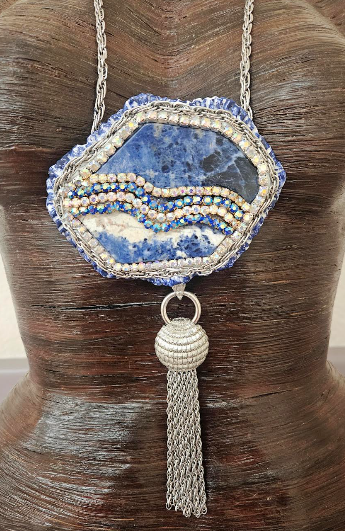 Sculpted Sodalite Pendant with Bold Silver Tone Dangle - Blue White & Silver Avant Garde Gemstone Talisman - OOAK Wearable Art Jewelry from Kat Kouture