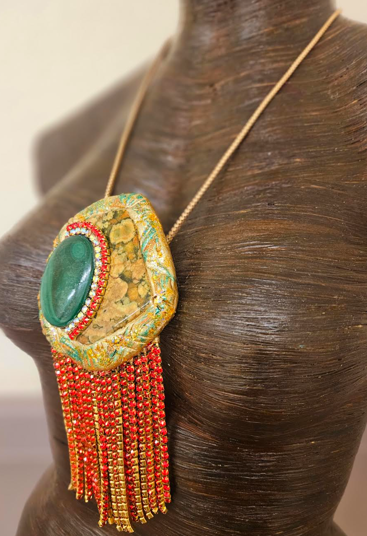 Polished Rhyolite Jasper & Malachite Pendant With Red Rhinestone Fringe - Hand Sculpted Modern Flapper Talisman - Wearable Art Jewelry from Kat Kouture