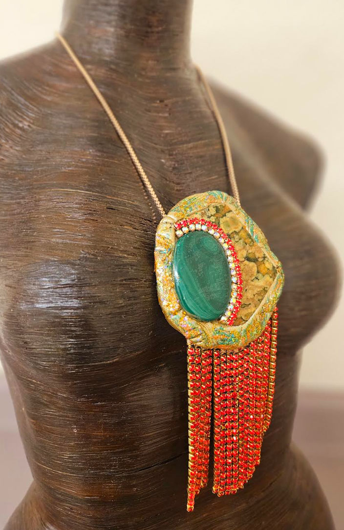 Polished Rhyolite Jasper & Malachite Pendant With Red Rhinestone Fringe - Hand Sculpted Modern Flapper Talisman - Wearable Art Jewelry from Kat Kouture