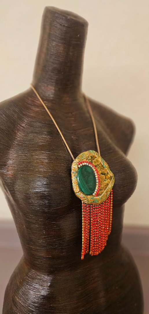 Polished Rhyolite Jasper & Malachite Pendant With Red Rhinestone Fringe - Hand Sculpted Modern Flapper Talisman - Wearable Art Jewelry from Kat Kouture