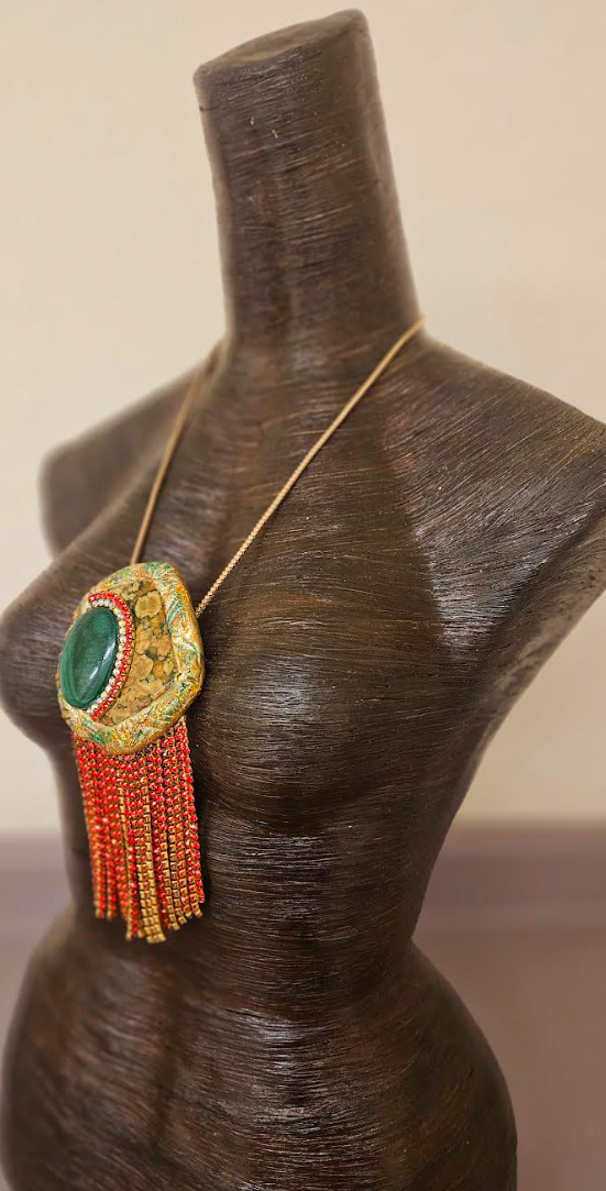 Polished Rhyolite Jasper & Malachite Pendant With Red Rhinestone Fringe - Hand Sculpted Modern Flapper Talisman - Wearable Art Jewelry from Kat Kouture