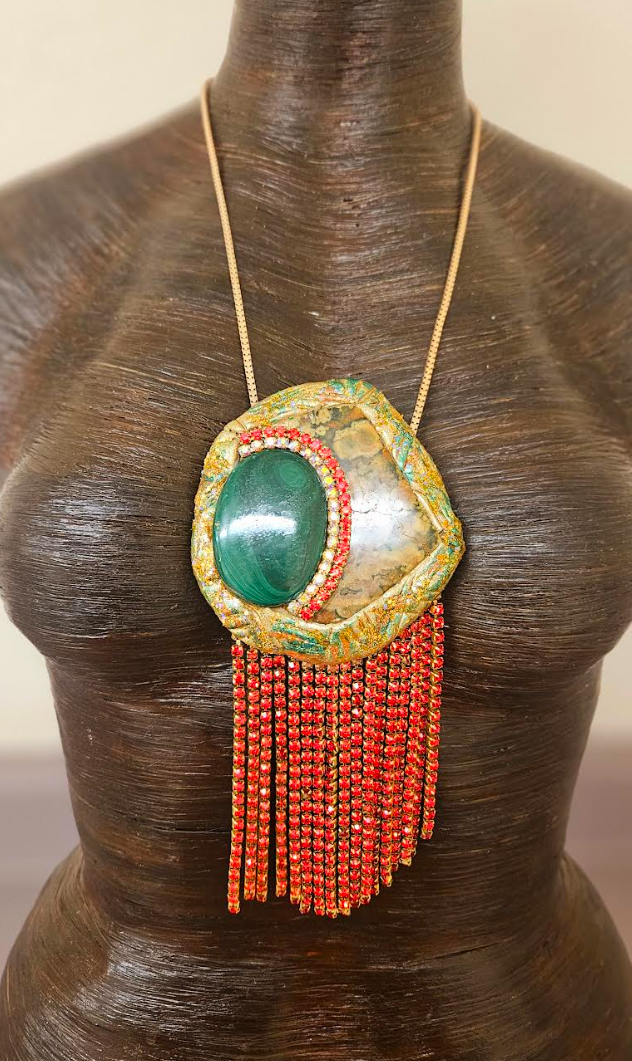 Polished Rhyolite Jasper & Malachite Pendant With Red Rhinestone Fringe - Hand Sculpted Modern Flapper Talisman - Wearable Art Jewelry from Kat Kouture