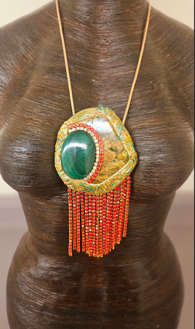 Polished Rhyolite Jasper & Malachite Pendant With Red Rhinestone Fringe - Hand Sculpted Modern Flapper Talisman - Wearable Art Jewelry from Kat Kouture