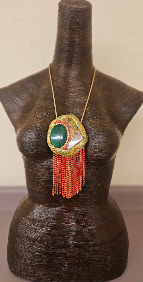 Polished Rhyolite Jasper & Malachite Pendant With Red Rhinestone Fringe - Hand Sculpted Modern Flapper Talisman - Wearable Art Jewelry from Kat Kouture