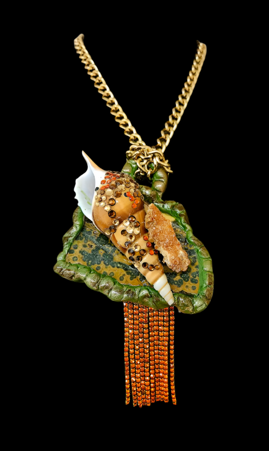 Ocean Jasper Shell Crystal & Vanadanite Sculpted Art Pendant - Exotic Green and Orange Amulet with Orange Rhinestone Fringe - OOAK Wearable Artisan Jewelry from Kat Kouture