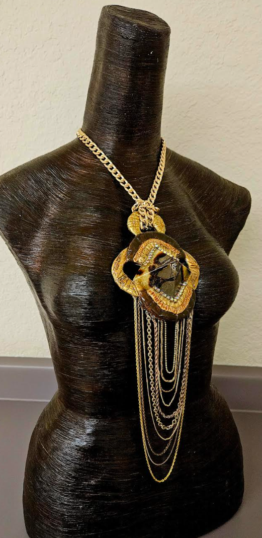 Septarian Pyramid Art Deco Revival Sculpted Pendant with Waterfall Chains - Earth Tone Brown Gray & Gold Gatsby Inspired Talisman - Kat Kouture Wearable Art Jewelry