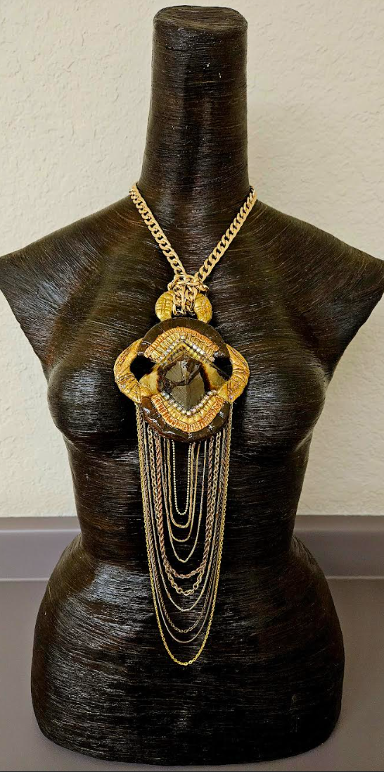 Septarian Pyramid Art Deco Revival Sculpted Pendant with Waterfall Chains - Earth Tone Brown Gray & Gold Gatsby Inspired Talisman - Kat Kouture Wearable Art Jewelry