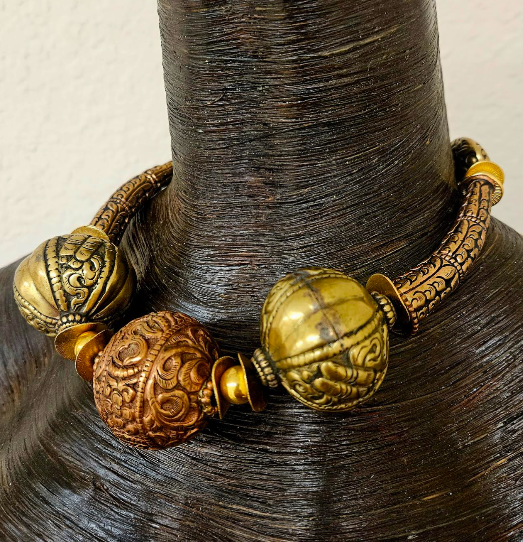 Tibetan Ornate Brass & Copper Repousse Tribal Choker - Fancy Oversized Beaded Ethnic Statement Necklace - Neck Candy for Petite Women - OOAK Wearanble Art from Kat Kouture