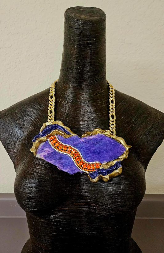 Sculpted Purple Flash Moonstone Slab Breast Plate - Rough Avant Garde Flashy Gemstone Chest Piece - Wearable Art Jewelry from Kat Kouture