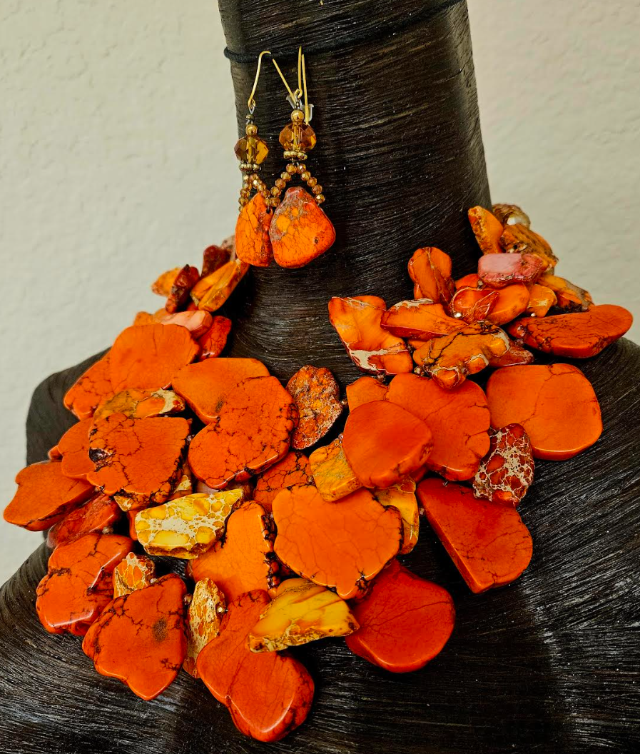 Orange Sea Sediment Slab Statement Necklace - Autumn Neck Candy for Women of Color - Kat Kouture Wearable Art Jewelry