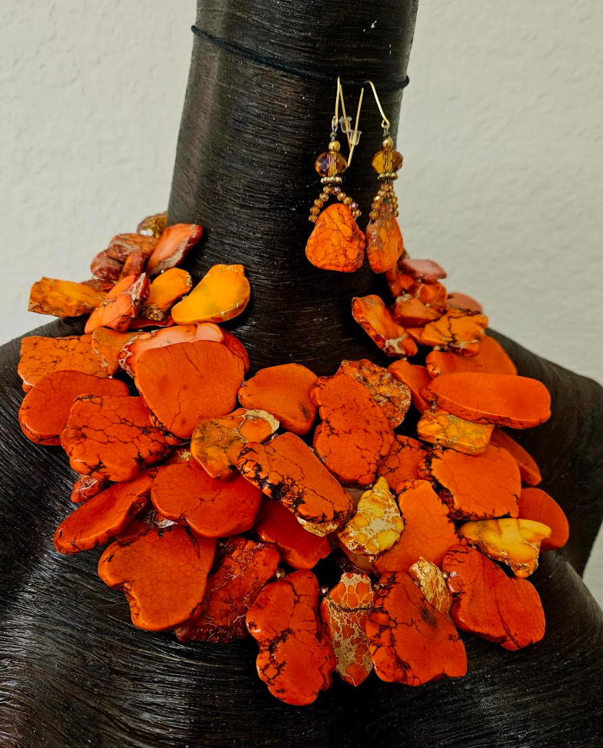 Orange Sea Sediment Slab Statement Necklace - Autumn Neck Candy for Women of Color - Kat Kouture Wearable Art Jewelry