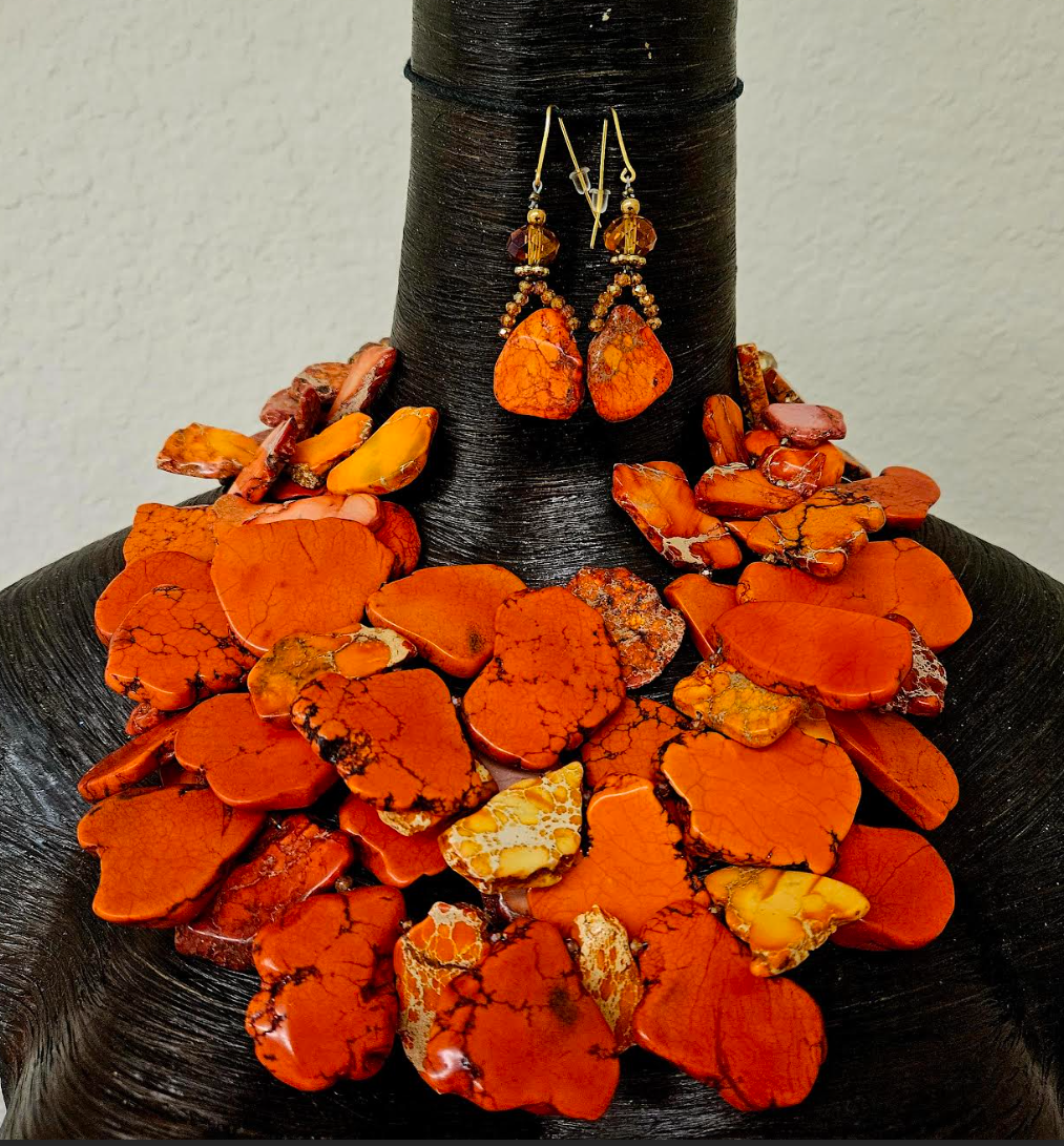 Orange Sea Sediment Slab Statement Necklace - Autumn Neck Candy for Women of Color - Kat Kouture Wearable Art Jewelry