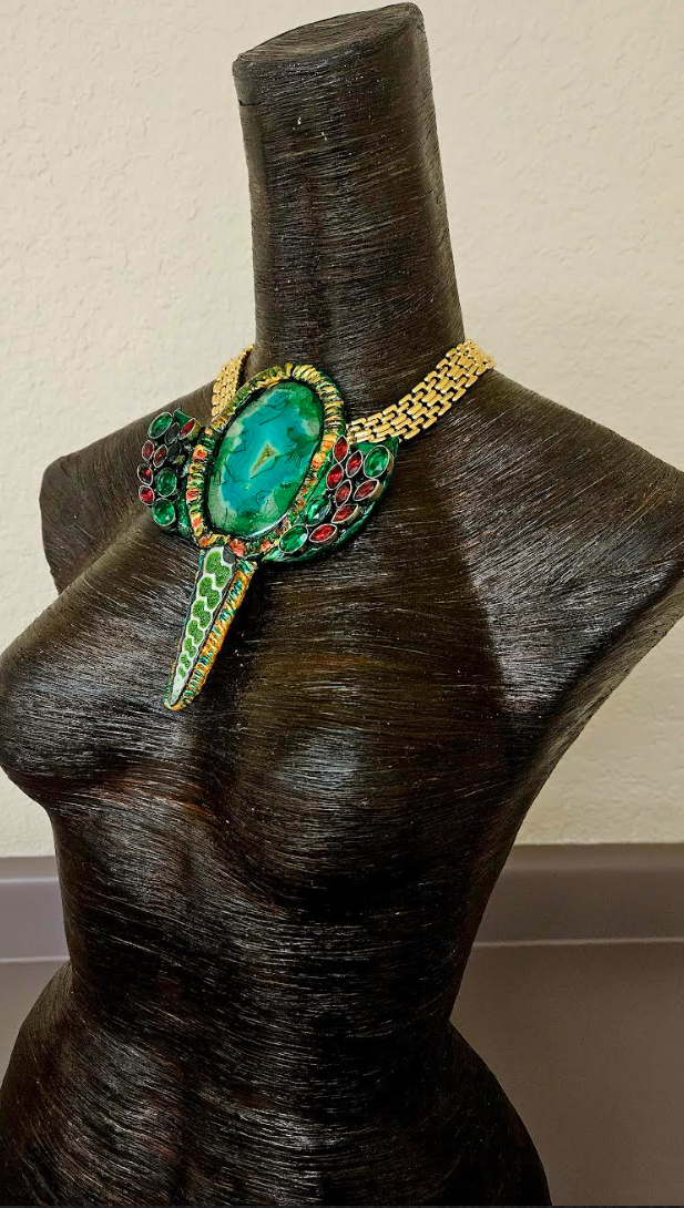 Green Druzy Agate Sculpted Statement Necklace - Red Green & Gold Upcycled Gemstone Neck Candy - Kat Kouture Wearable Art Jewelry