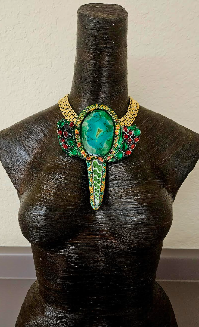 Green Druzy Agate Sculpted Statement Necklace - Red Green & Gold Upcycled Gemstone Neck Candy - Kat Kouture Wearable Art Jewelry