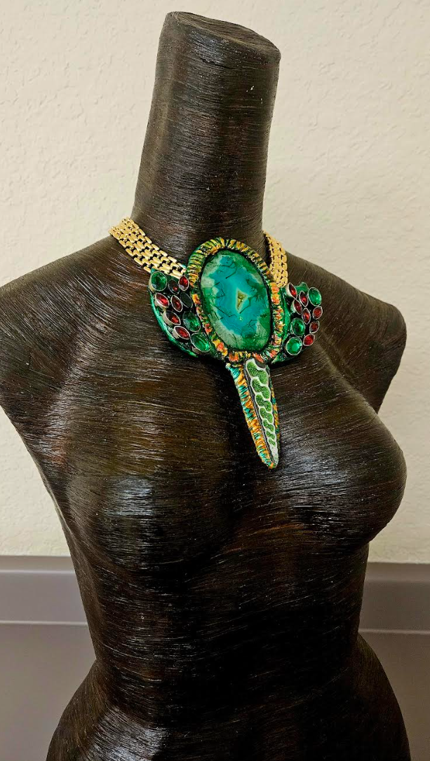 Green Druzy Agate Sculpted Statement Necklace - Red Green & Gold Upcycled Gemstone Neck Candy - Kat Kouture Wearable Art Jewelry