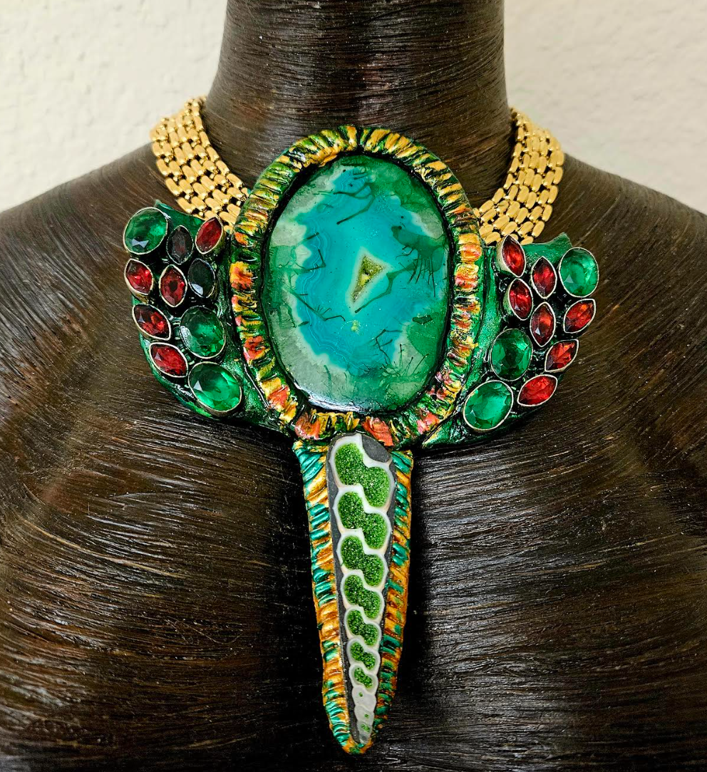 Green Druzy Agate Sculpted Statement Necklace - Red Green & Gold Upcycled Gemstone Neck Candy - Kat Kouture Wearable Art Jewelry