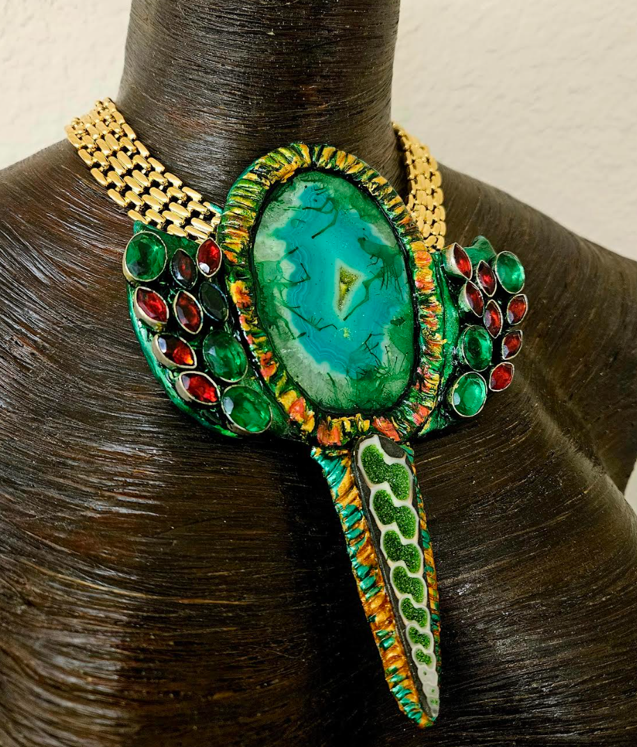 Green Druzy Agate Sculpted Statement Necklace - Red Green & Gold Upcycled Gemstone Neck Candy - Kat Kouture Wearable Art Jewelry