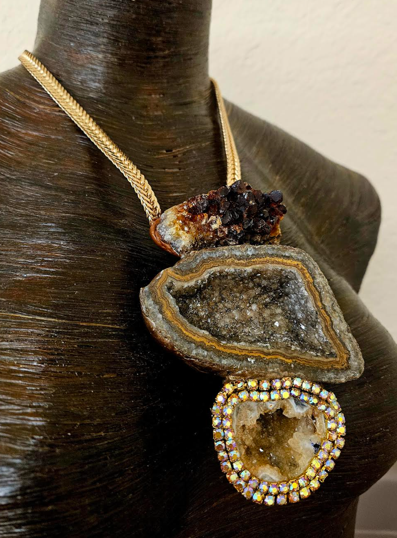 Earthy Mixed Gemstone Sculpted Unisex Statement Pendant - Raw & Rough Crystal Cave Talisman - Wearable Art Jewelry from Kat Kouture