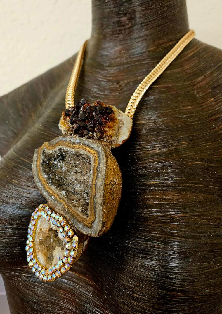 Earthy Mixed Gemstone Sculpted Unisex Statement Pendant - Raw & Rough Crystal Cave Talisman - Wearable Art Jewelry from Kat Kouture