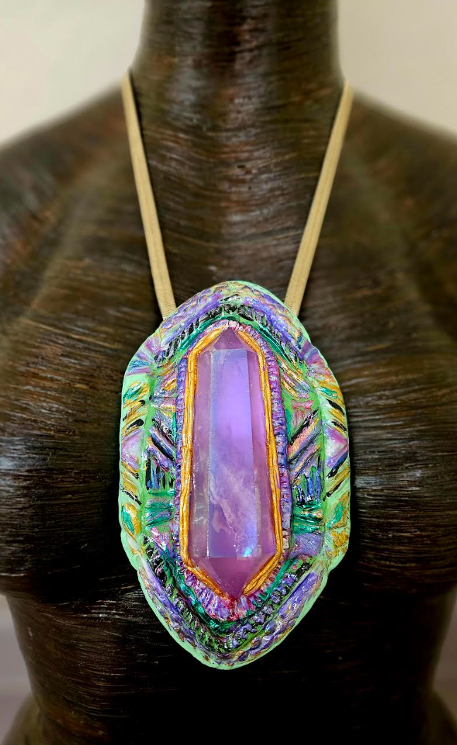 Purple Aura Quartz Art Deco Sculpted Geometric Pendant - Double Terminated Crystal Point Amulet - Wearable Art Jewelry from Kat Kouture