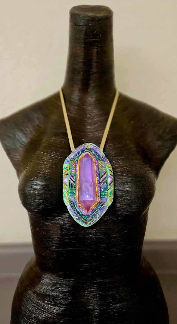 Purple Aura Quartz Art Deco Sculpted Geometric Pendant - Double Terminated Crystal Point Amulet - Wearable Art Jewelry from Kat Kouture