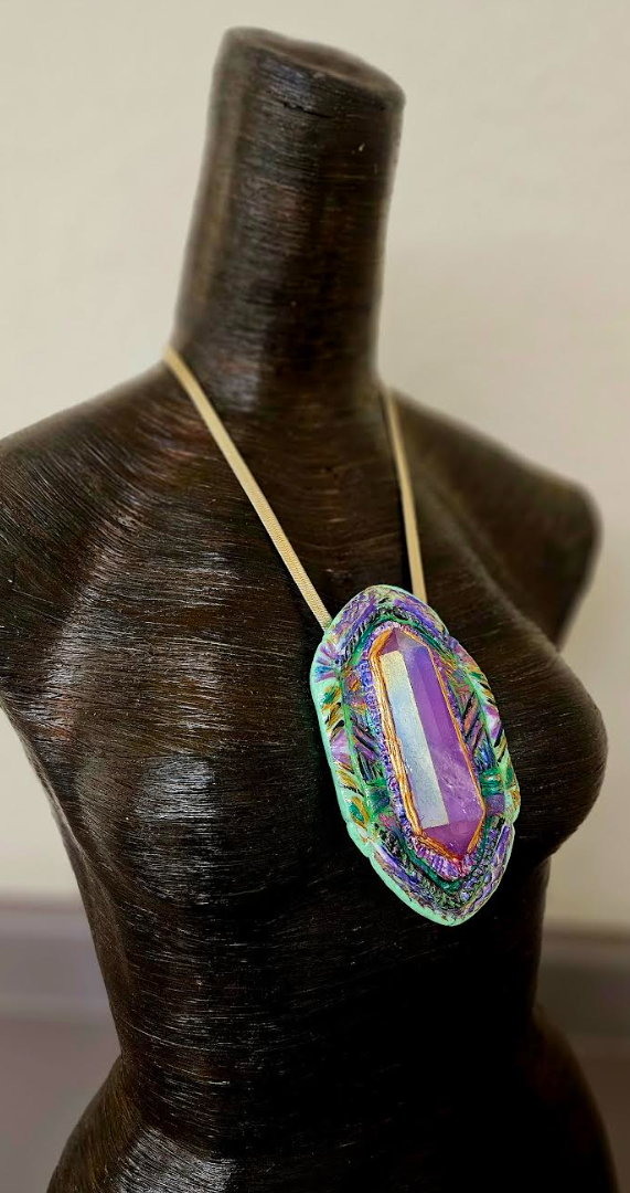 Purple Aura Quartz Art Deco Sculpted Geometric Pendant - Double Terminated Crystal Point Amulet - Wearable Art Jewelry from Kat Kouture