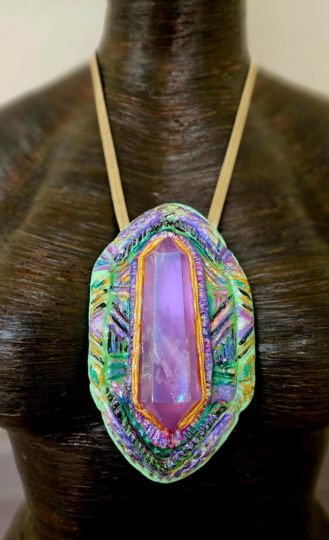 Purple Aura Quartz Art Deco Sculpted Geometric Pendant - Double Terminated Crystal Point Amulet - Wearable Art Jewelry from Kat Kouture