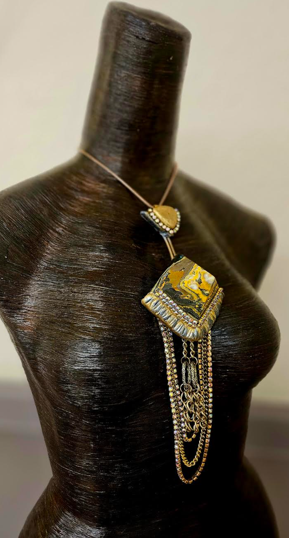 Bumble Bee Jasper Pyramid Sculpted Pendant with Chain Embellishments - Exotic & Rare Art Deco Inspired Chest Piece - OOAK Wearable Art from Kat Kouture Jewelry