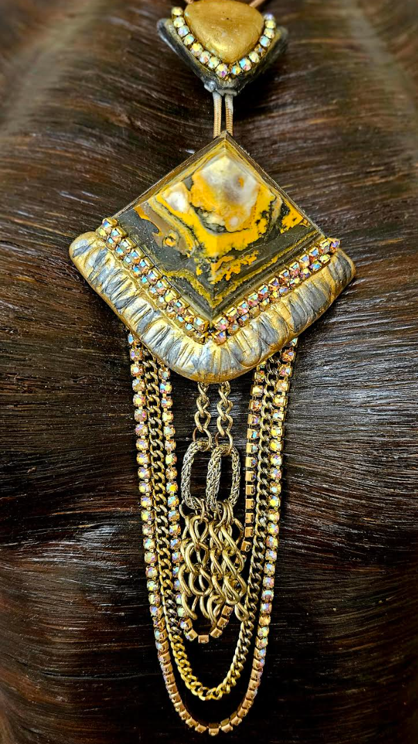 Bumble Bee Jasper Pyramid Sculpted Pendant with Chain Embellishments - Exotic & Rare Art Deco Inspired Chest Piece - OOAK Wearable Art from Kat Kouture Jewelry