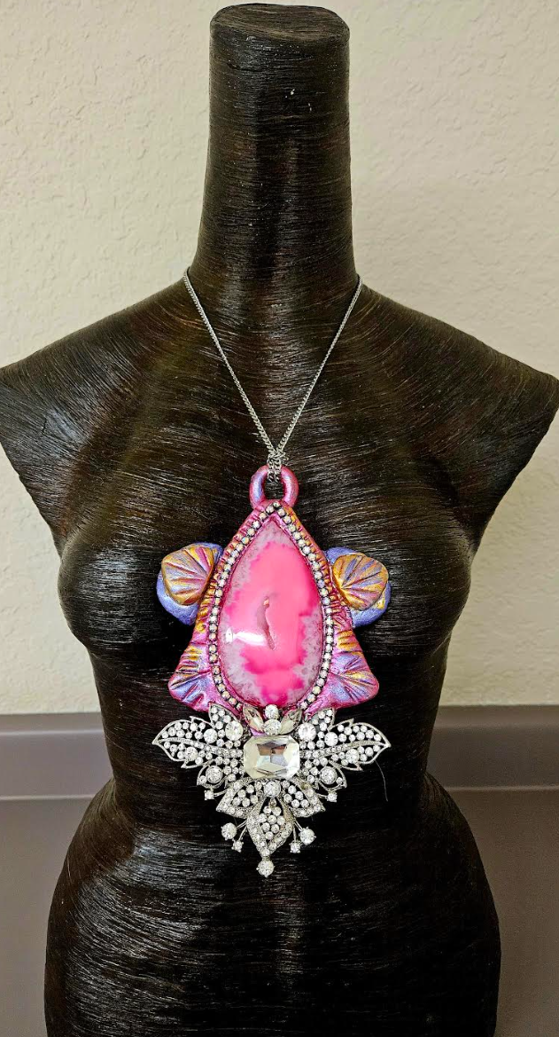 Hot Pink Agate & Rhinestone Sculpted Art Deco Pendant - Modern Flapper Bling Chest Piece - OOAK Wearable Art from Kat Kouture