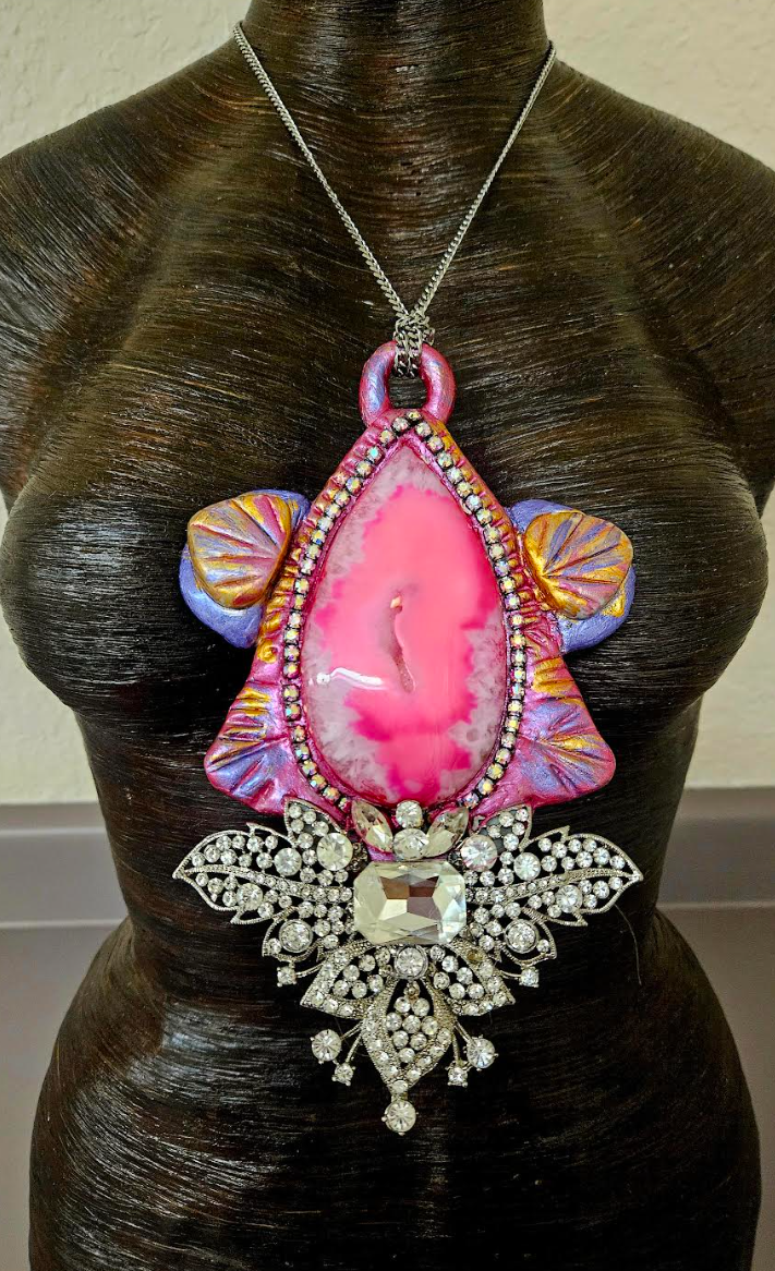 Hot Pink Agate & Rhinestone Sculpted Art Deco Pendant - Modern Flapper Bling Chest Piece - OOAK Wearable Art from Kat Kouture