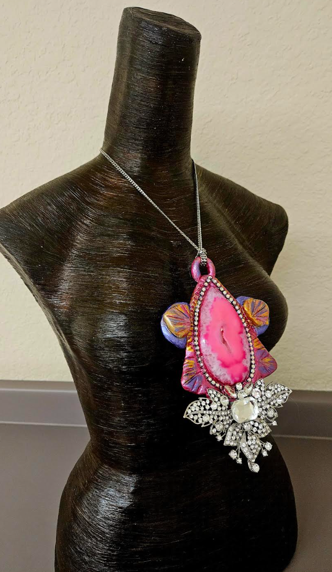 Hot Pink Agate & Rhinestone Sculpted Art Deco Pendant - Modern Flapper Bling Chest Piece - OOAK Wearable Art from Kat Kouture