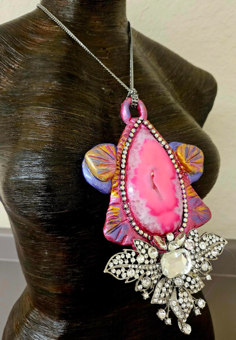 Hot Pink Agate & Rhinestone Sculpted Art Deco Pendant - Modern Flapper Bling Chest Piece - OOAK Wearable Art from Kat Kouture