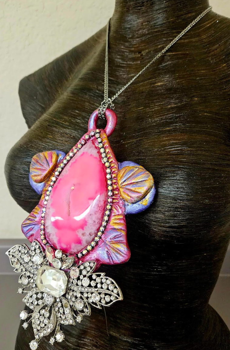 Hot Pink Agate & Rhinestone Sculpted Art Deco Pendant - Modern Flapper Bling Chest Piece - OOAK Wearable Art from Kat Kouture