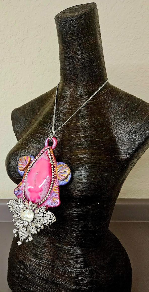 Hot Pink Agate & Rhinestone Sculpted Art Deco Pendant - Modern Flapper Bling Chest Piece - OOAK Wearable Art from Kat Kouture