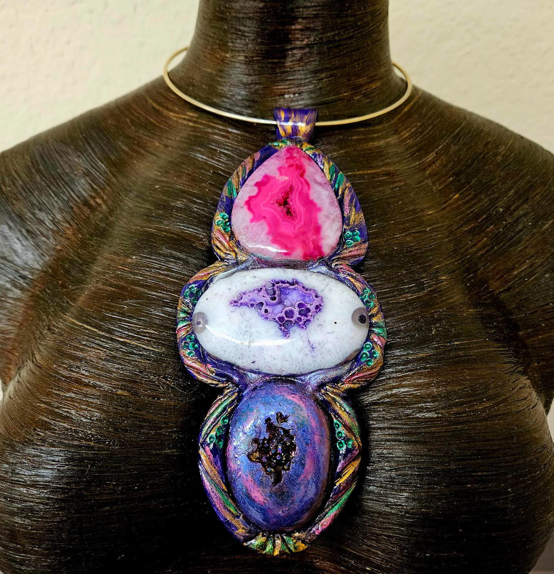 Sculpted Jewel Tone Agate Totem On a Wire Torc - Bold Gemstone Chest Piece for Petite Women - OOAK Wearable Art from Kat Kouture Jewelry