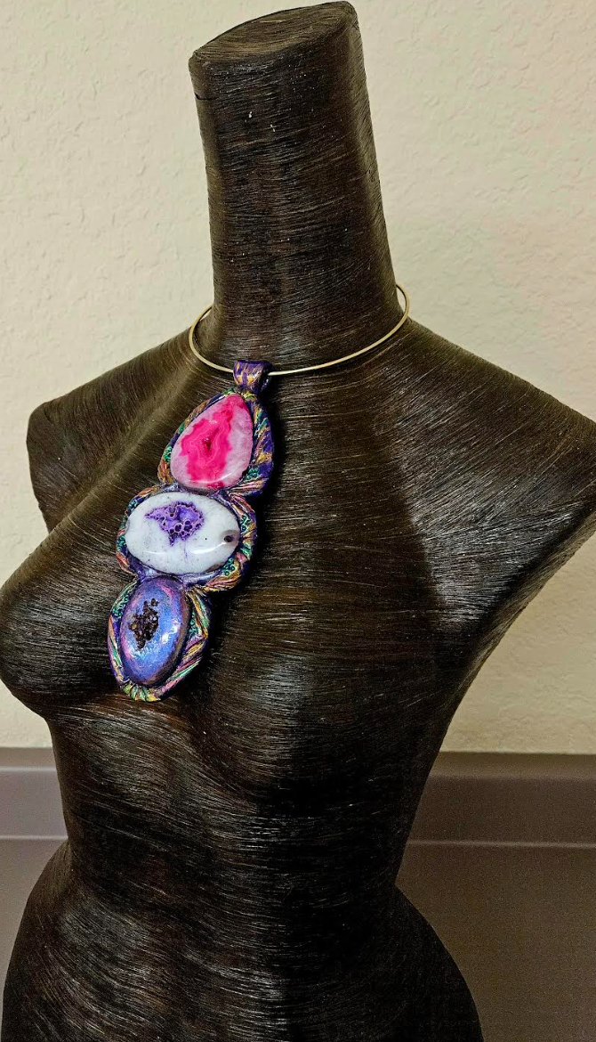 Sculpted Jewel Tone Agate Totem On a Wire Torc - Bold Gemstone Chest Piece for Petite Women - OOAK Wearable Art from Kat Kouture Jewelry