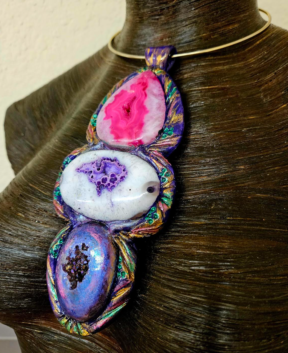 Sculpted Jewel Tone Agate Totem On a Wire Torc - Bold Gemstone Chest Piece for Petite Women - OOAK Wearable Art from Kat Kouture Jewelry