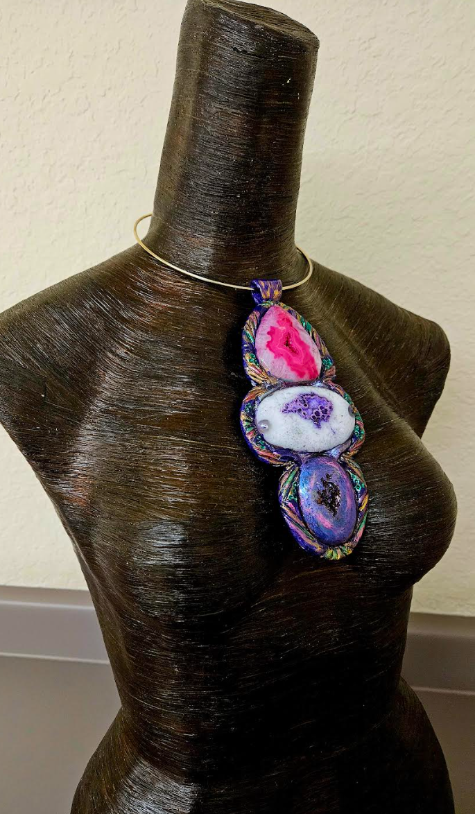 Sculpted Jewel Tone Agate Totem On a Wire Torc - Bold Gemstone Chest Piece for Petite Women - OOAK Wearable Art from Kat Kouture Jewelry