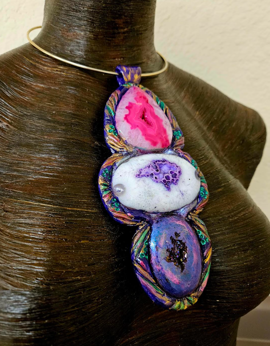 Sculpted Jewel Tone Agate Totem On a Wire Torc - Bold Gemstone Chest Piece for Petite Women - OOAK Wearable Art from Kat Kouture Jewelry