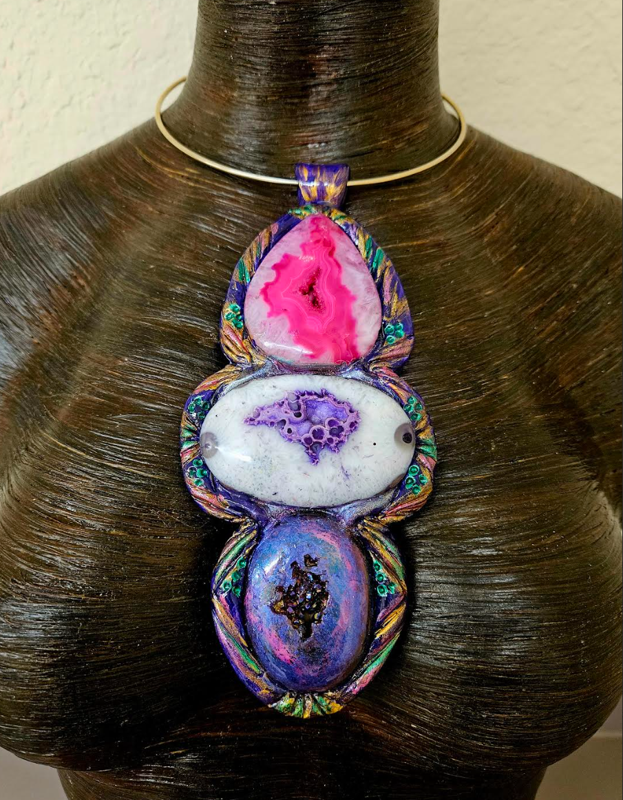 Sculpted Jewel Tone Agate Totem On a Wire Torc - Bold Gemstone Chest Piece for Petite Women - OOAK Wearable Art from Kat Kouture Jewelry