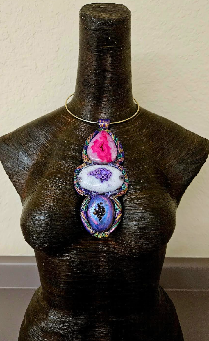 Sculpted Jewel Tone Agate Totem On a Wire Torc - Bold Gemstone Chest Piece for Petite Women - OOAK Wearable Art from Kat Kouture Jewelry